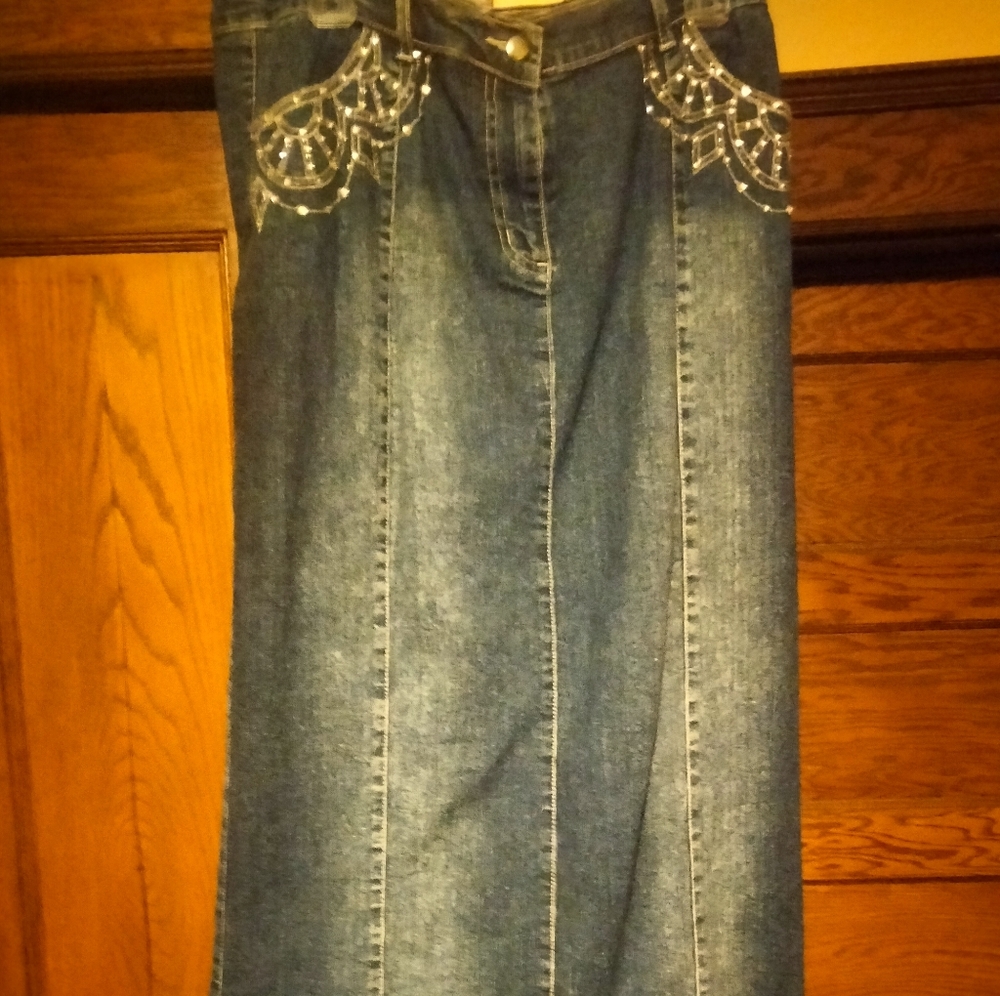 Denim Skirt with Rhinestone Embellishments